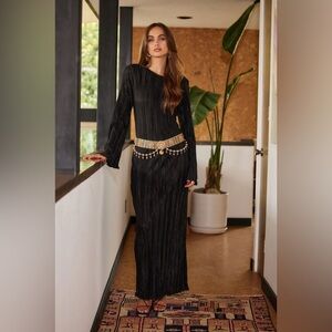 NWT 12th Tribe Tate Plisse Pleated Black Open Back Maxi Dress Small Glam Event
